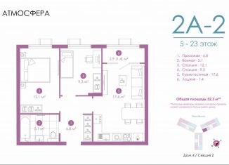 Продаю 2-комнатную квартиру, 52.2 м2, Астрахань, улица Бехтерева, 12/4, ЖК Атмосфера