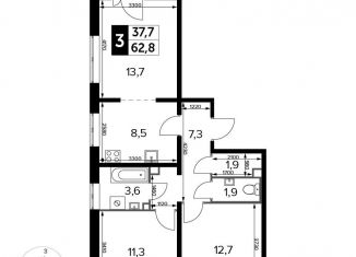 Трехкомнатная квартира на продажу, 62.8 м2, Люберцы, жилой комплекс 1-й Лермонтовский, к5.1