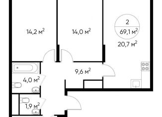 Продается двухкомнатная квартира, 69.1 м2, Москва