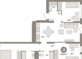 3-комнатная квартира на продажу, 84.9 м2, Екатеринбург, улица Пехотинцев, 2Г, метро Уральская