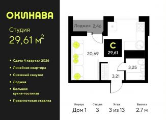 Продам квартиру студию, 29.6 м2, Тюмень, Центральный округ, улица Пожарных и Спасателей, 8