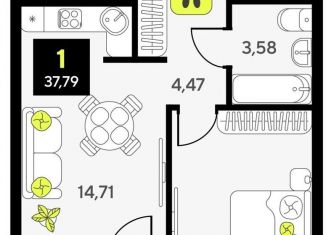 Однокомнатная квартира на продажу, 37.8 м2, Тюмень, улица Первооткрывателей, 15, Калининский округ