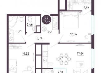 Продается двухкомнатная квартира, 59.7 м2, Рязань