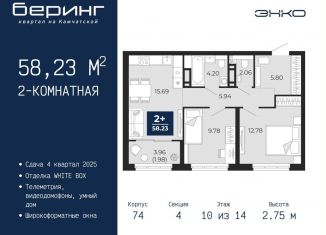 Продается двухкомнатная квартира, 58.2 м2, Тюмень, Ленинский округ