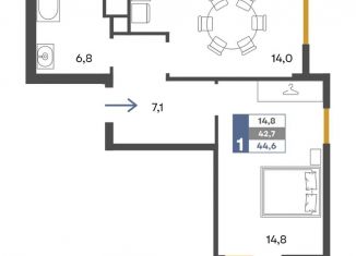 Продаю 1-комнатную квартиру, 44.6 м2, Крым