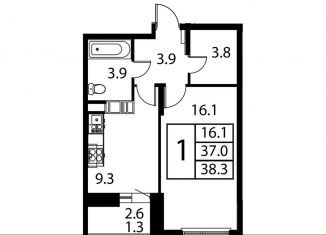 Продам 1-комнатную квартиру, 38.3 м2, Московская область