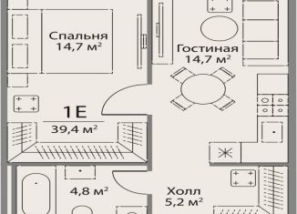 1-комнатная квартира на продажу, 39.4 м2, Москва, улица Лобачевского, 124к3А, улица Лобачевского