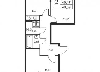 2-комнатная квартира на продажу, 48.6 м2, Ленинградская область
