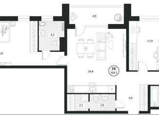 Продам 3-комнатную квартиру, 104.1 м2, Тюменская область, улица Разведчика Кузнецова, 16