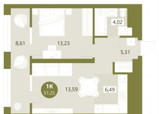 Продаю 1-ком. квартиру, 51.3 м2, Тюмень