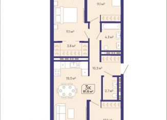 Продается 3-комнатная квартира, 81 м2, Тюмень, Калининский округ, Заполярная улица, 3к1