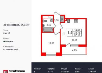 Продам 1-ком. квартиру, 34.8 м2, Санкт-Петербург, метро Парнас