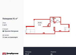 Продаю помещение свободного назначения, 91 м2, Санкт-Петербург, проспект Будённого, 19к1, метро Проспект Ветеранов