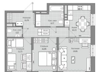 Продам 3-комнатную квартиру, 70.9 м2, Казань, жилой комплекс Станция Спортивная, 2.2