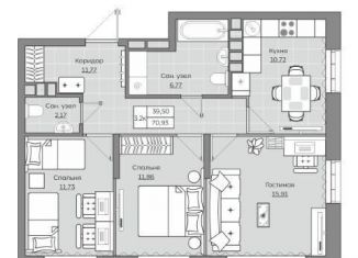 Продам трехкомнатную квартиру, 70.9 м2, Казань, жилой комплекс Станция Спортивная, 2.2