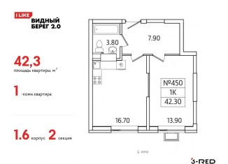 Продается 1-ком. квартира, 42.3 м2, деревня Сапроново, ЖК Видный Берег 2