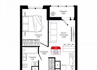 1-ком. квартира на продажу, 37.7 м2, Тула, улица Седова, 26к3