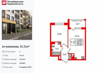 1-комнатная квартира на продажу, 32.3 м2, посёлок Шушары