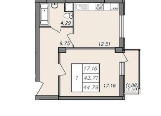 1-комнатная квартира на продажу, 44.8 м2, Воронеж, Волгоградская улица, 45