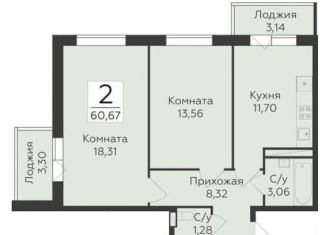 Продается двухкомнатная квартира, 60.7 м2, Воронеж