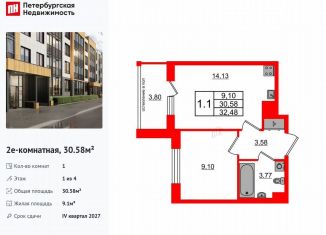 Продаю 1-ком. квартиру, 30.6 м2, посёлок Шушары