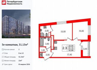 Продам 2-ком. квартиру, 51.2 м2, Санкт-Петербург, муниципальный округ Коломяги
