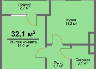 1-ком. квартира на продажу, 32.1 м2, деревня Куюки, Школьная улица, 1