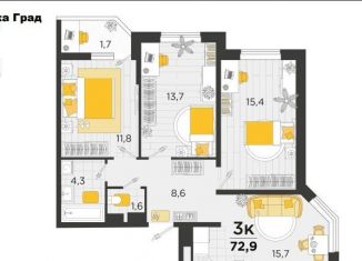 Продается трехкомнатная квартира, 72 м2, Краснодар, улица имени В.Н. Мачуги, 166Бк1, ЖК Сказка Град