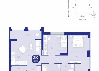 Продается 2-ком. квартира, 60.9 м2, Тюмень, улица Евгения Войнова, 3