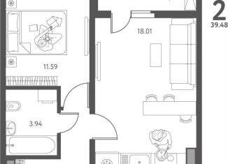 Продаю 1-комнатную квартиру, 39.5 м2, Липецк, улица Перова, 2Д