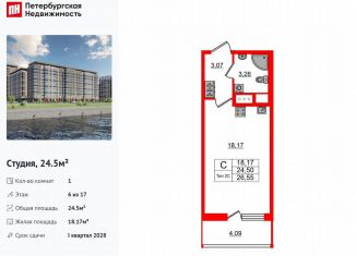 Продается квартира студия, 24.5 м2, Санкт-Петербург, метро Улица Дыбенко
