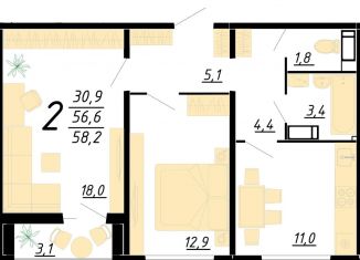 Продается 2-комнатная квартира, 58.2 м2, Воронеж, улица Пескова, 6