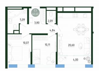 Продажа двухкомнатной квартиры, 60.6 м2, Тула
