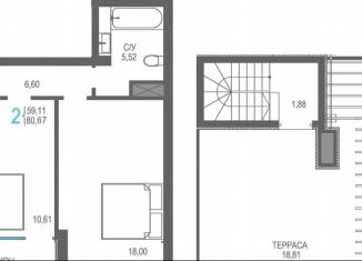 2-комнатная квартира на продажу, 80.7 м2, поселок Семидворье, Пограничный переулок, 7