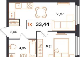 1-комнатная квартира на продажу, 33.4 м2, Тюмень, ЖК Озёрный Парк
