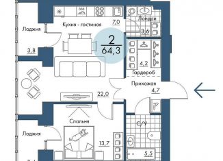 Продаю двухкомнатную квартиру, 64.3 м2, Красноярский край