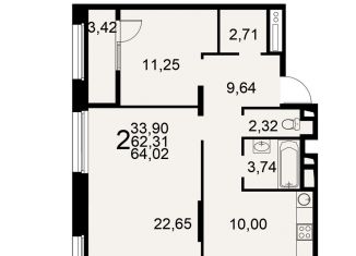 Продается 2-комнатная квартира, 64 м2, Рязань, Московское шоссе, 49к1, ЖК Акцент