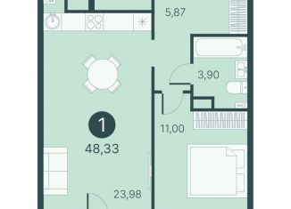 1-комнатная квартира на продажу, 48.3 м2, Тюмень