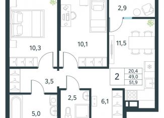 Продажа 2-комнатной квартиры, 51.9 м2, Забайкальский край