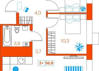 2-комнатная квартира на продажу, 56.9 м2, Тюмень, улица Ветеранов Труда, 36/1