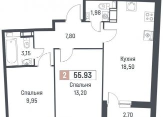 Продаю 2-ком. квартиру, 54.6 м2, Мурино, ЖК Авиатор