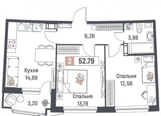 Продаю 2-комнатную квартиру, 52.8 м2, Ленинградская область