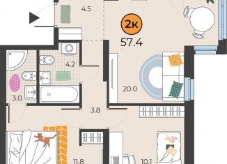 Продаю 2-ком. квартиру, 57.4 м2, Тюмень, улица Эльвиры Федоровой, 3, Восточный округ