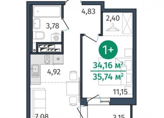 1-комнатная квартира на продажу, 34.2 м2, Тюмень, улица Тимофея Кармацкого, 17