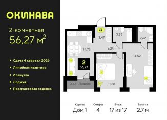 Продается 2-ком. квартира, 56.3 м2, Тюмень, Центральный округ, улица Пожарных и Спасателей, 8