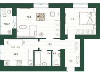 2-ком. квартира на продажу, 55.9 м2, Самарская область