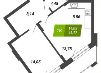 Продаю 1-ком. квартиру, 46.2 м2, Новосибирск