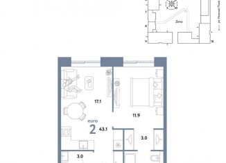 2-ком. квартира на продажу, 43.1 м2, Москва