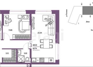 Продаю 3-ком. квартиру, 68.3 м2, Тюмень, Подгорная улица, 73