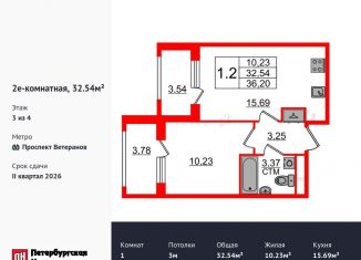 Продажа 1-комнатной квартиры, 32.5 м2, посёлок Стрельна